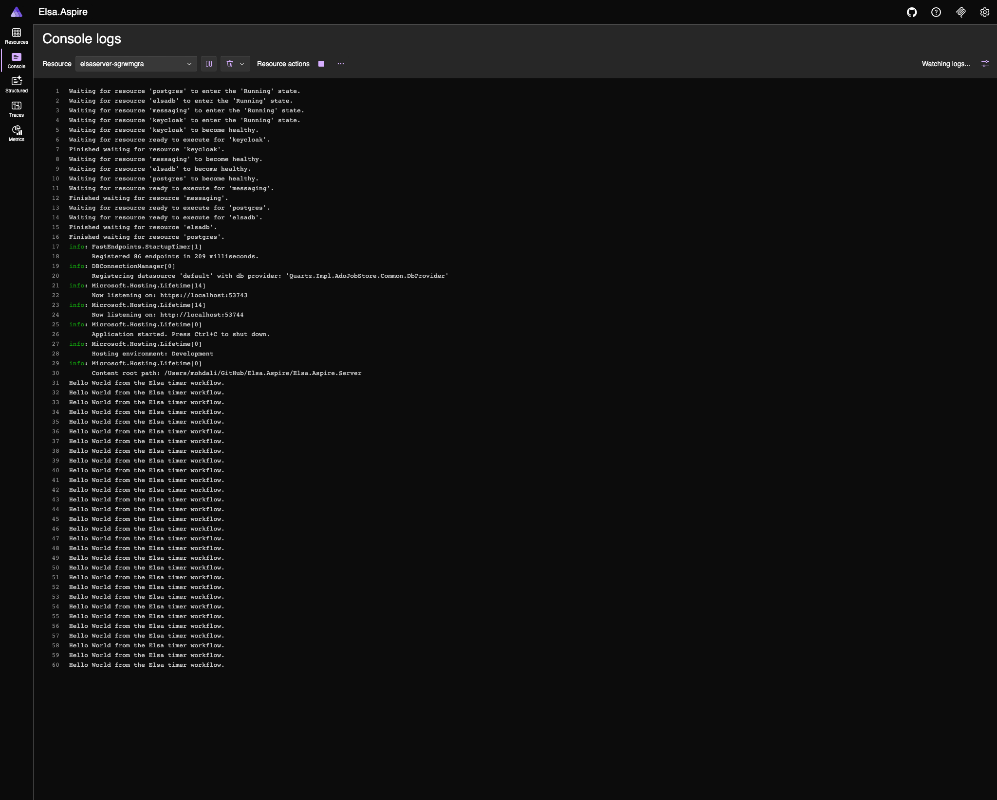 Aspire Dashboard console logs showing Elsa Server waiting for dependencies, starting, registering endpoints, and writing repeated timer workflow output.