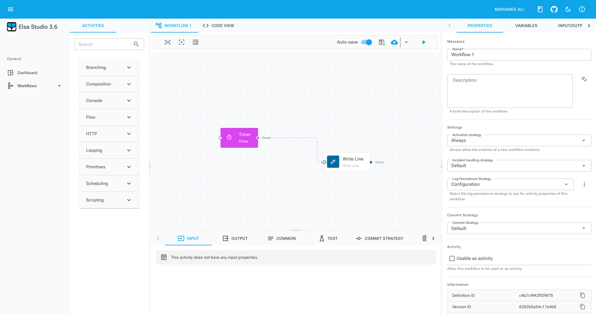 Elsa Studio workflow designer showing Workflow 1 with a Timer activity connected to a Write Line activity.