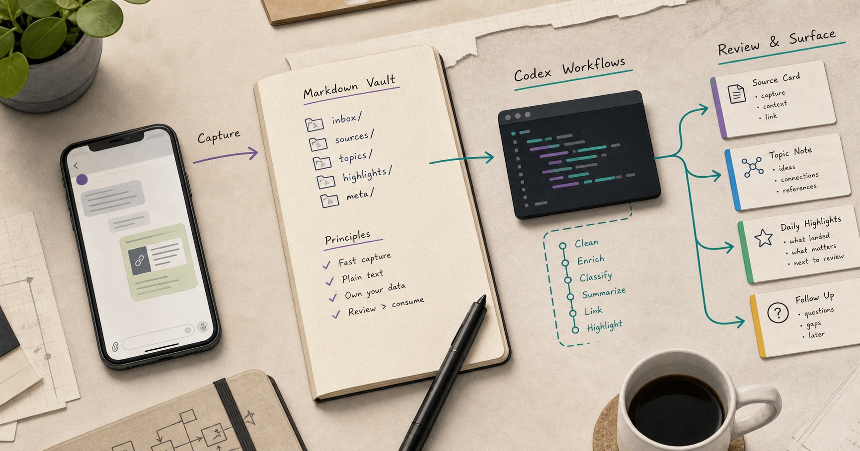 Editorial illustration showing a phone capture surface connected to markdown notes and Codex review workflows.